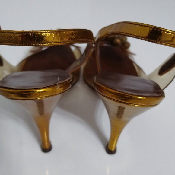 1950s Vintage Leather Sling Back Open Toe Clear Vinyl High Heels - Picture 4 of 6